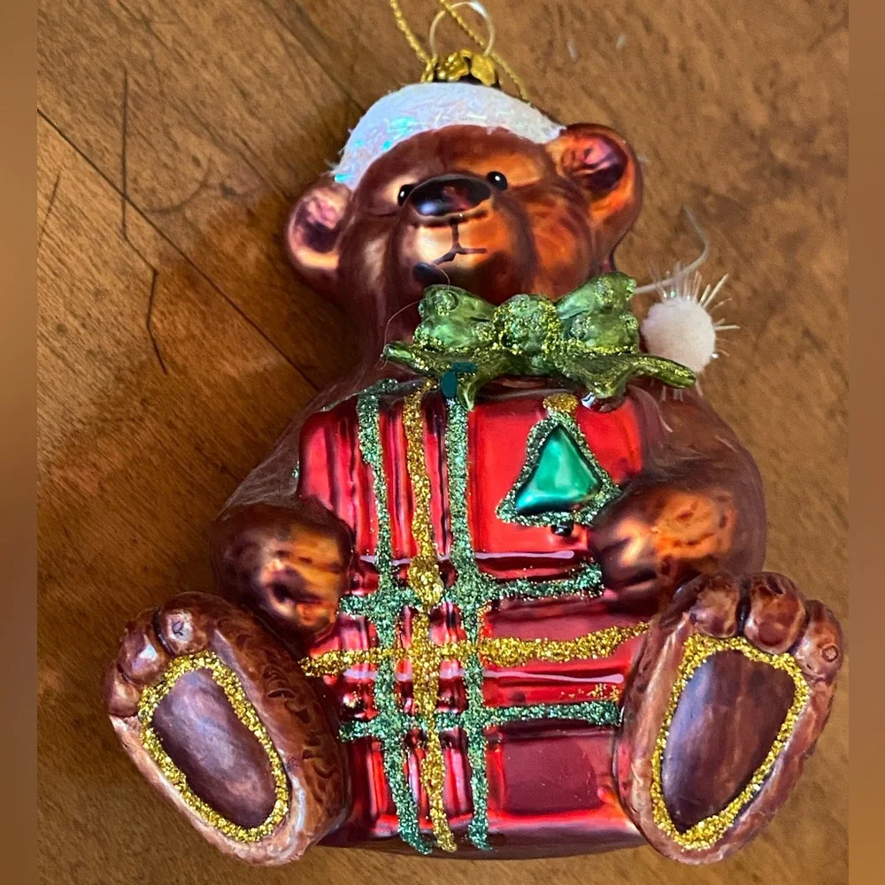 Festive Christmas Bear Holding Present Glass Ornament